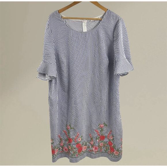 STUDIO ONE New York 2XL White & Blue Stripes Floral Embroidered Dress Old Money - Picture 1 of 9